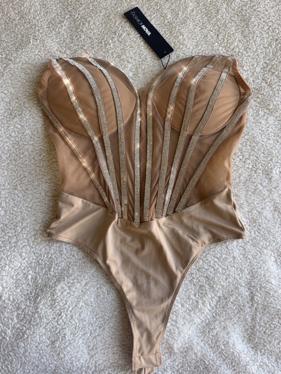 Fashion Nova Tops - Fashion Nova Nude Rhinestone Mesh Bustier Bodysuit